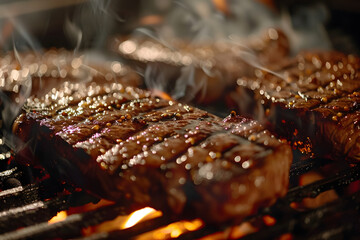 Barbeque beef steaks cooking on the grill