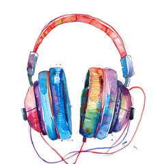Minimalistic watercolor illustration of DJ headphones on a white background, cute and comical.