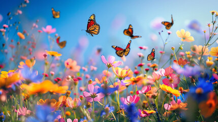 Summer meadow - wild flowers and butterflies. Horizontal banner