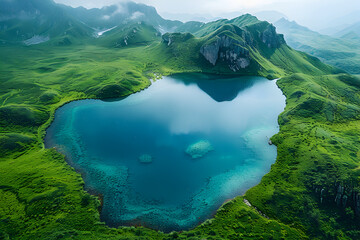 A Lake in the Shape of the World's Continents,
A green hills and a body of water in the background - obrazy, fototapety, plakaty