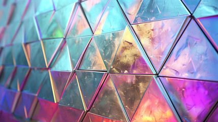a wall adorned with colorful glass tiles, including a pink and purple one, set against a backdrop o