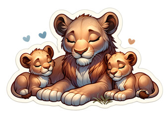 Fototapeta premium Lioness and Cubs in a Tender Family Moment Sticker