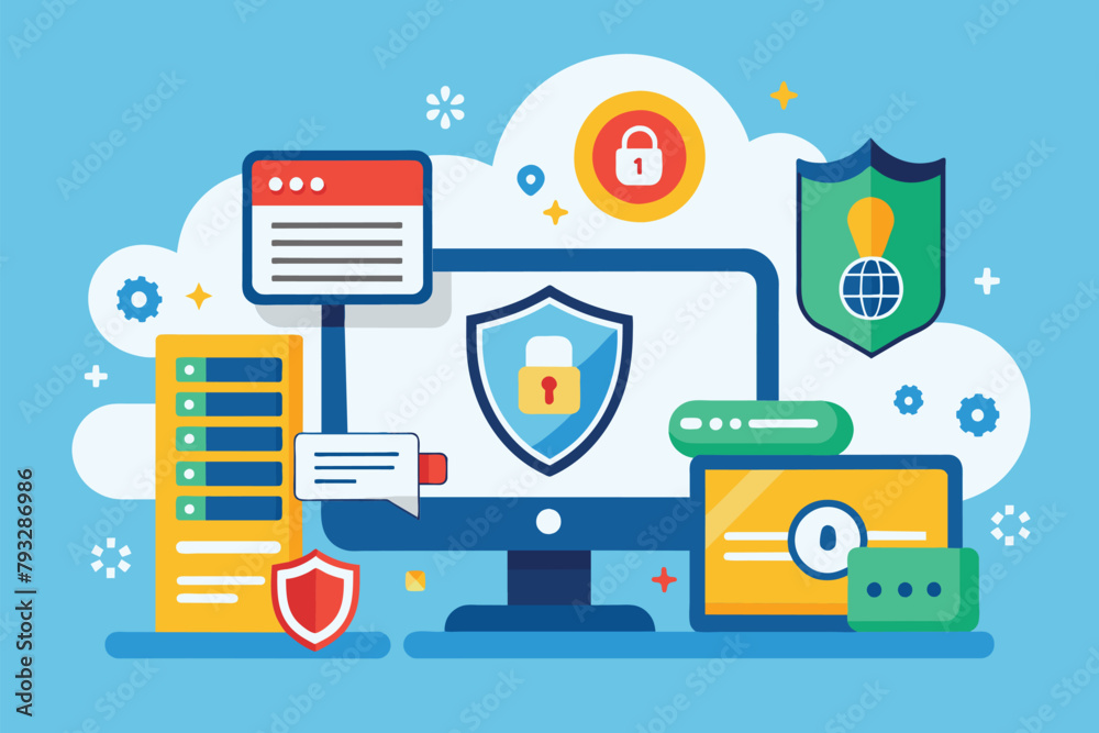 Poster a padlock secured on top of a computer screen, symbolizing data protection and security measures, se