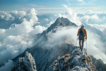 A mountain climber is standing on the peak of an alpine cliff, overlooking beautiful mountains and clouds in the background
