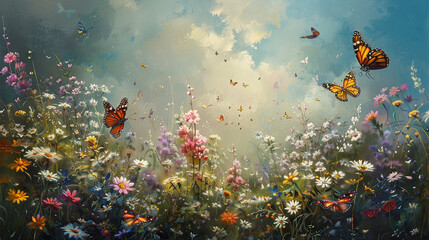 Fototapeta na wymiar Summer meadow - wild flowers and butterflies. Horizontal banner