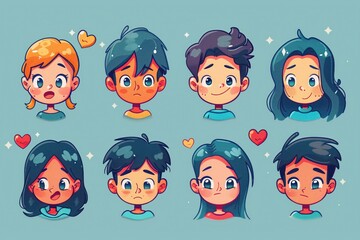 Set of different emotions and children feelings: love, embarrassment, joy, surprise, sadness, shame. Emotions in boys and girls isolated on pale blue background. Concept of emotions for psychologists - obrazy, fototapety, plakaty