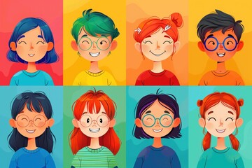 Set of positive emotions and feelings in children: smiling children, boys and girls on multi-colored background. Emotions of happiness in boys and girls. Concept of emotions for psychologists - obrazy, fototapety, plakaty
