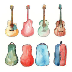 Naklejka premium Minimalistic watercolor illustration of guitar with boxes on a white background, cute and comical.