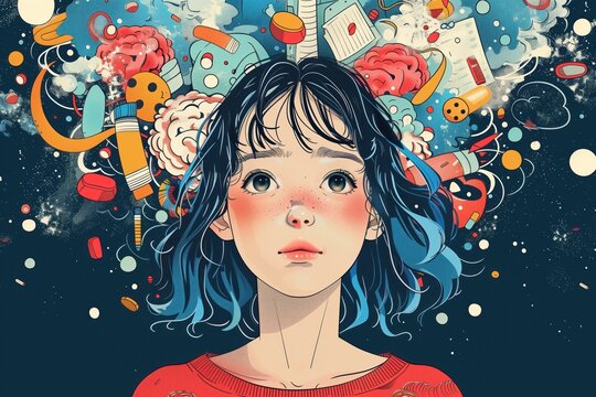 Obsessive compulsive disorder OCD. Face close up. Person suffering from OCD looks with worry and tired, confused thoughts. Psychological disorder concept