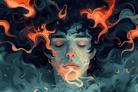 Person suffering from psychological disorders. Young man in 20s with eyes closed, overwhelmed by obsessive thoughts. Face close up. Psychological disorder concept