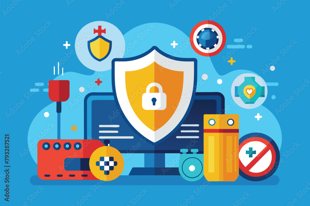 Aufkleber a computer with a shield placed on top to enhance its security performance, security performance for