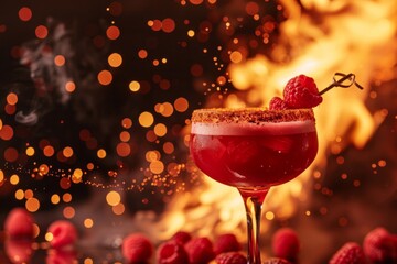 Close up of red cocktail in wine glass with raspberries on top