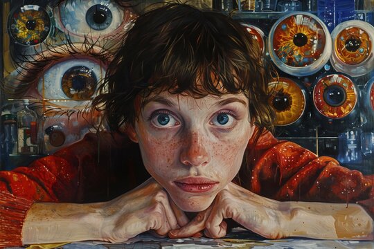 Woman feels like she being watched.  Many eyes looking woman from behind back. Face close up. Persecutory mania mental disorder, obsessive compulsive disorder  concept