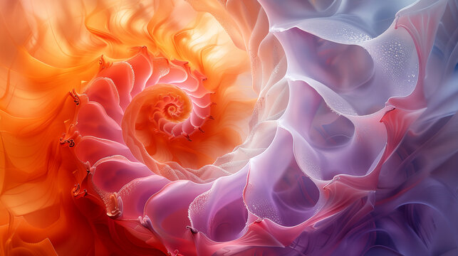 Artistic bright orange purple flowing wavy spiral in the shape of a nautilus shell abstract background.