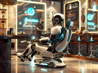 AI-Generated image of a robot is sitting in a barber chair. The robot is white and has a blue face