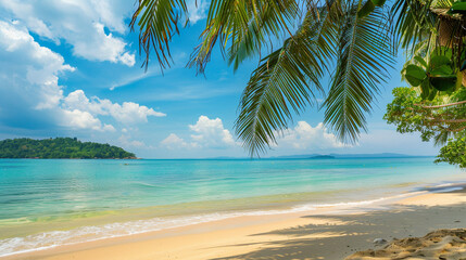 Fototapeta na wymiar Tropical paradise - holiday destination, pacific or caribbean island, beautiful beach, palm trees and blue ocean