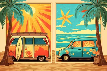 Tropical Summer Vibe Posters: Vintage Surf Van and Retro Surfboards Collection