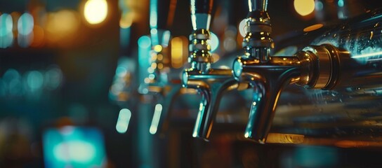 Closeup of beer tap lines in a bar against a dark background Generative AI - obrazy, fototapety, plakaty