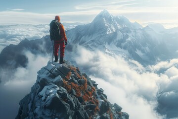 A mountain climber is standing on the peak of an alpine cliff, overlooking beautiful mountains and clouds in the background