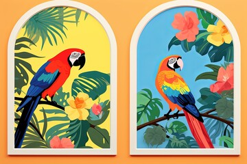 Tropical Toucan and Parrot Paradise: Vibrant Summer Posters for Travel Agency Window Display