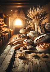 freshly baked whole wheat breads, loaves and buns on rustic wooden table in a bakery - obrazy, fototapety, plakaty