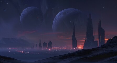 A futuristic landscape with a distant star system in the background