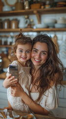 Fototapeta premium A smiling young woman with her joyful little girl, holding a smartphone in a cozy kitchen setting.