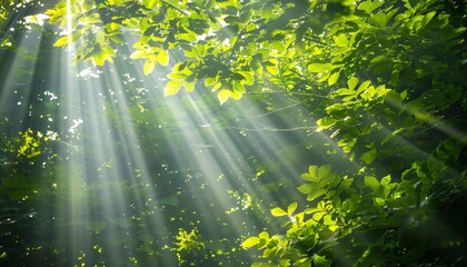 Beautiful sunlight peeking through lush green trees in a serene forest on a bright sunny day