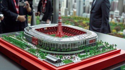 Urban design model of a soccer stadium displayed on a table