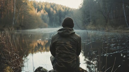a person sitting on a rock looking at a lake in the woods with a forest in the background - obrazy, fototapety, plakaty