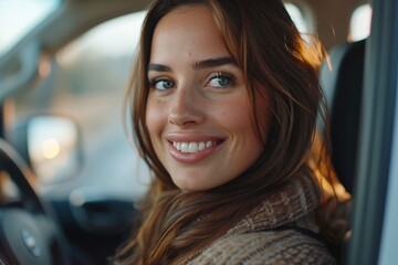 a woman sitting in a car smiling