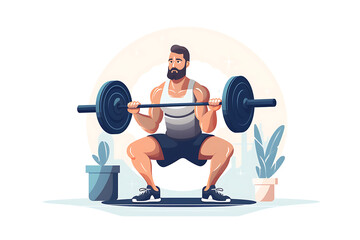 Fototapeta na wymiar Illustration of a muscular man lifting weights in a home gym setting with indoor plants. Generative AI