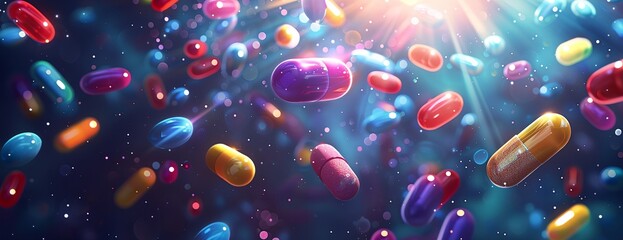 a bunch of pills floating in the air with a blurry background