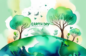 Trees, planet, nature.World environment day. Earth globe with splashes in watercolor style art.