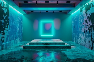 Obraz na płótnie Canvas Stylish Neon Lit Product Stage on Grunge Flooring in a Vibrant Turquoise Art Gallery, Impeccably Illuminated for Clear Showcase
