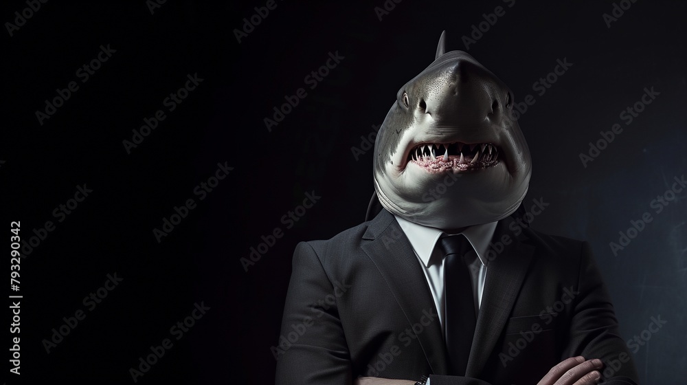 Canvas Prints a man in a suit and shark mask standing in front of a black background