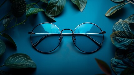 a pair of blue tinted glasses on a blue background with leaves around it - obrazy, fototapety, plakaty