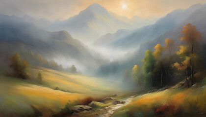 An evocative landscape painting inspired by the Romanticism movement, depicting a serene mountain vista shrouded in mist. - obrazy, fototapety, plakaty
