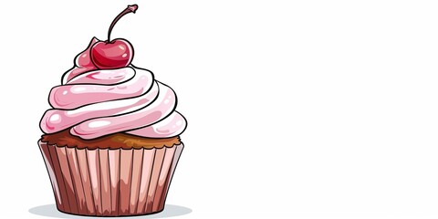 Cupcake with cream and cherry on white background with copy space.