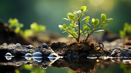 a small plant sprouts from the ground in the water - obrazy, fototapety, plakaty