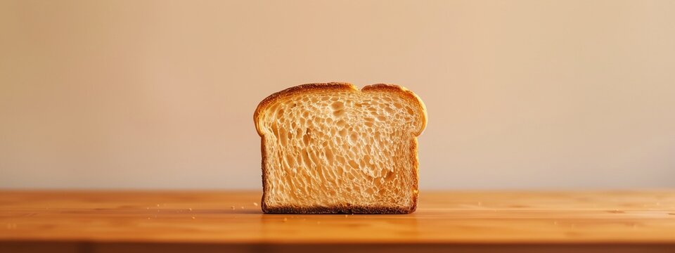 a piece of bread is sitting on a table with a light brown background