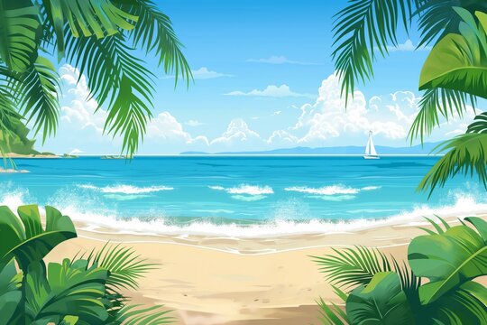 Tropical beach with ocean in summer vacation background, illustration