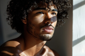 Young man with a confident gaze in natural light. Generative AI image
