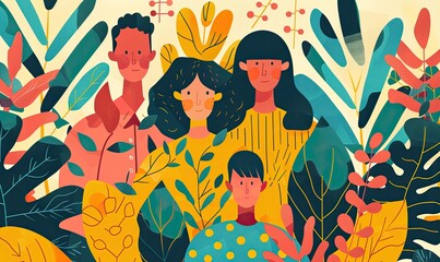 A colorful illustration of four stylized people surrounded by vibrant plants