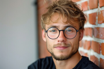 Confident young man with glasses against brick wall. Generative AI image