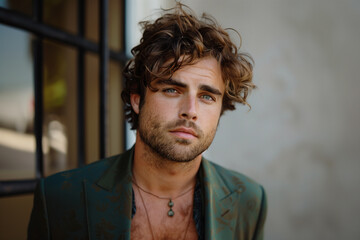 Confident young man in stylish attire posing outdoors. Generative AI image