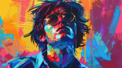 A vibrant, abstract portrait of a person with sunglasses