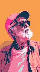 An elderly man with a beard wearing sunglasses and a cap looks upwards