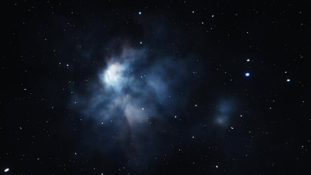 Flying towards a distant galaxy throught deep space. Space travel at the speed of light. Seamless loop animation.