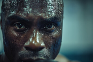 Close-up of a sweaty boxer with focused gaze, cinematic tone, in a boxing ring.